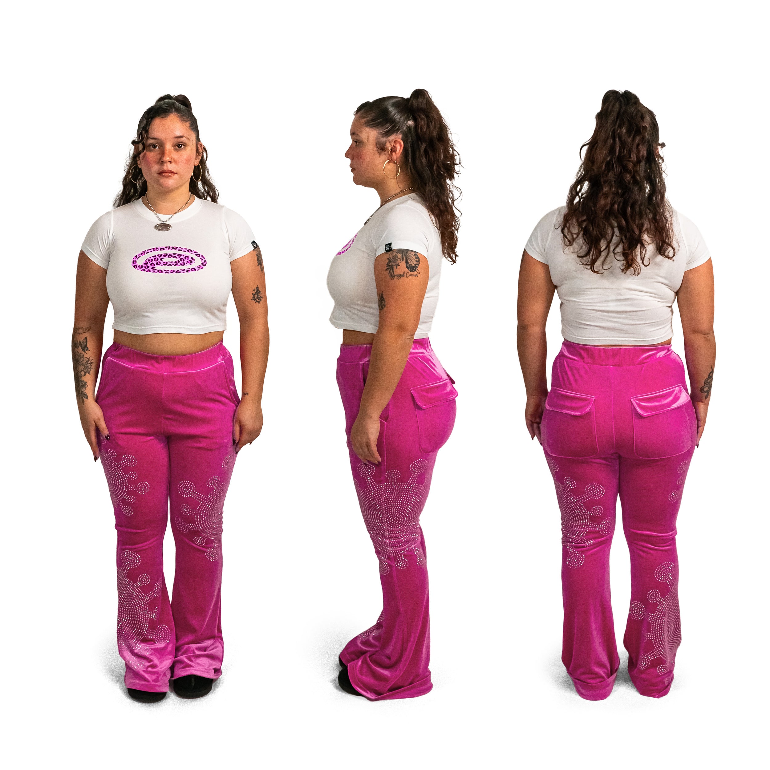 Rhinestone Germ Velour Track Pants (Hot Pink)